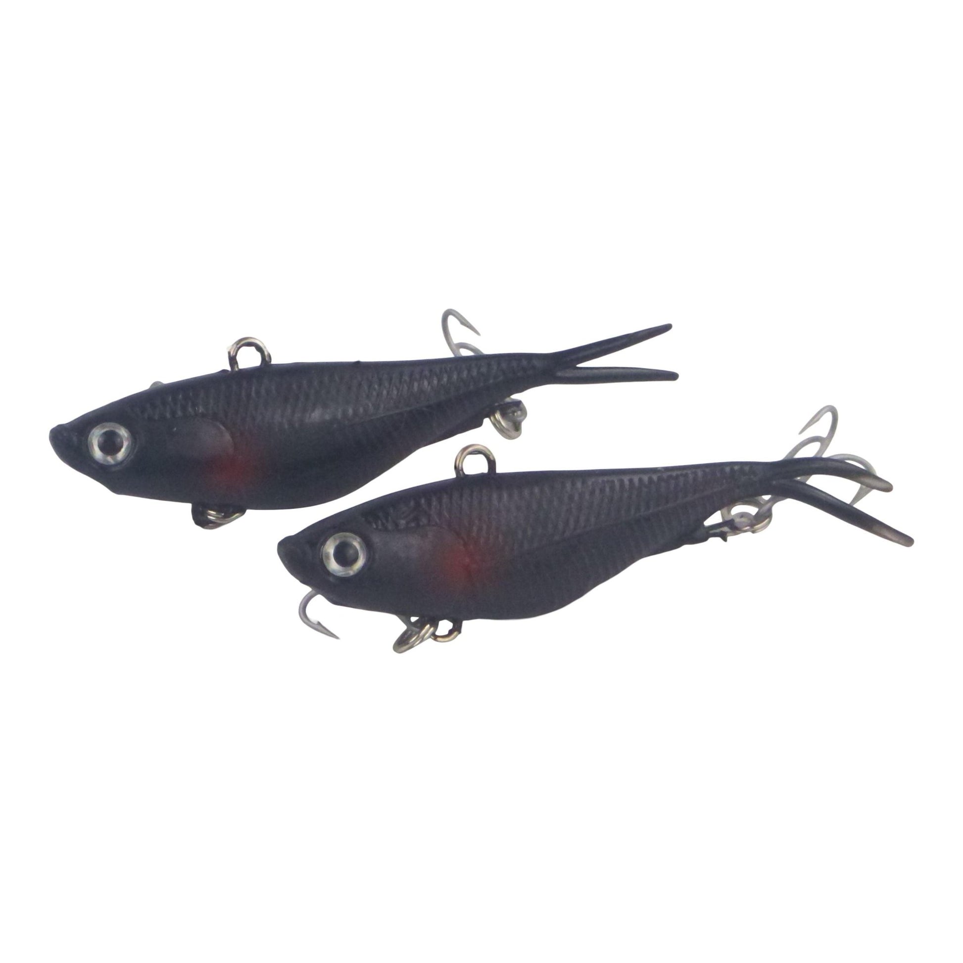 Soft plastic fishing lure set of two dark blue lures with red accents and split tails