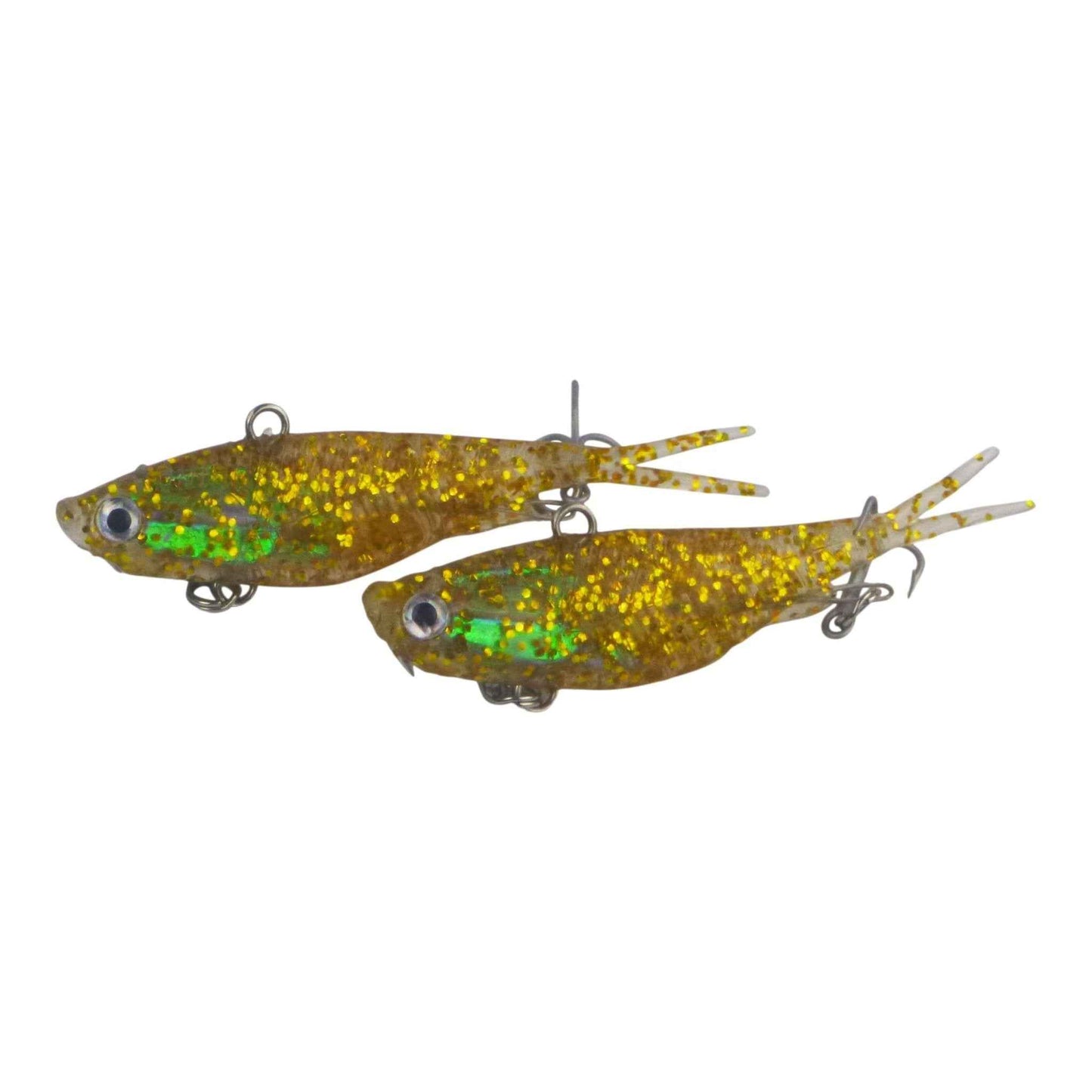 Two gold soft plastic fishing lures with green speckle glitter and twin treble hooks