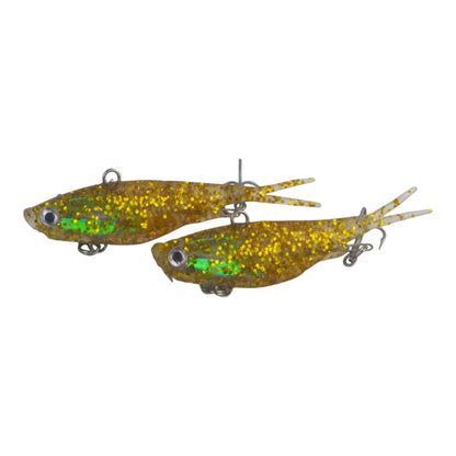 Two gold soft plastic fishing lures with green speckle glitter and twin treble hooks