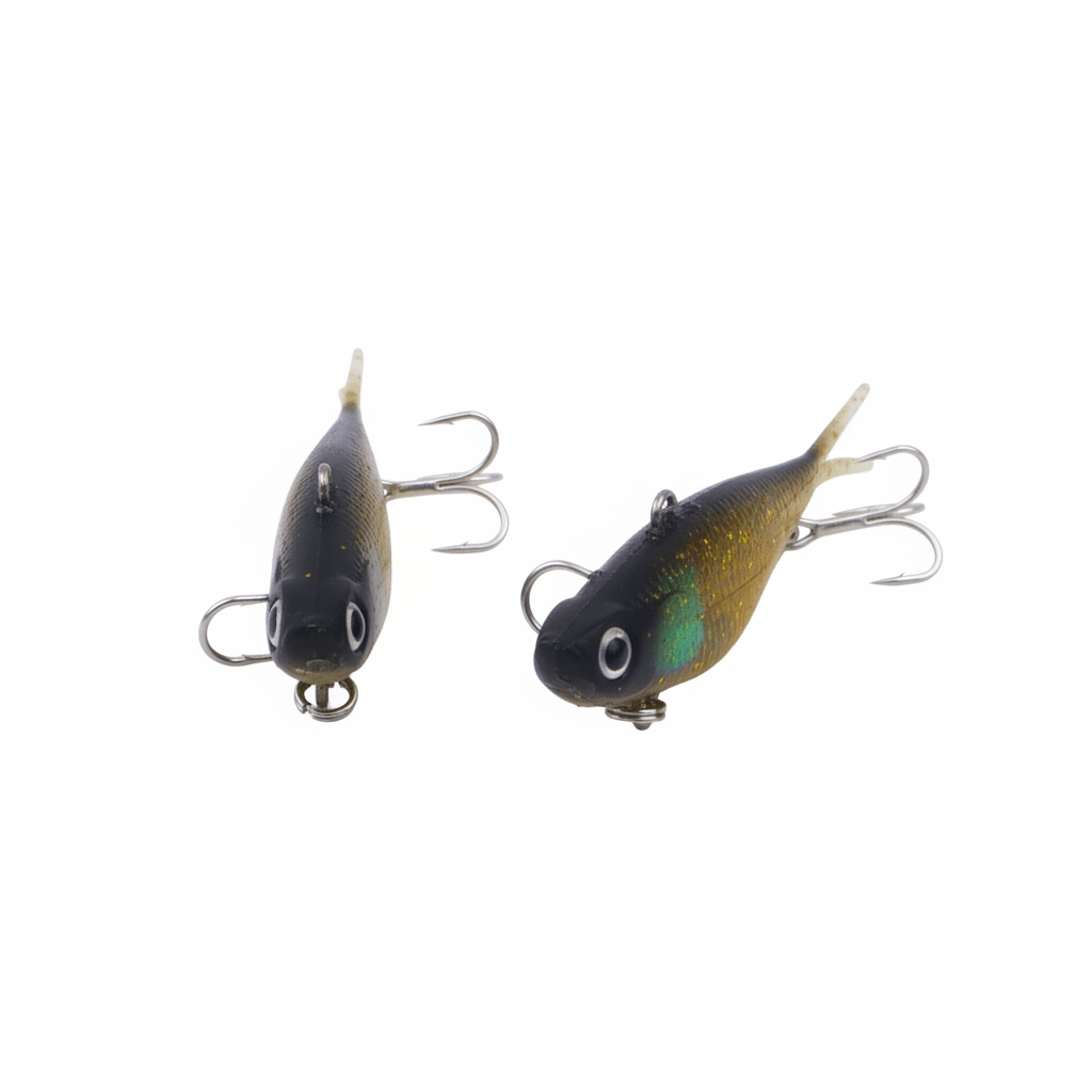 Soft plastic fishing lures, two dark bodies with gold-green shimmer and treble hooks
