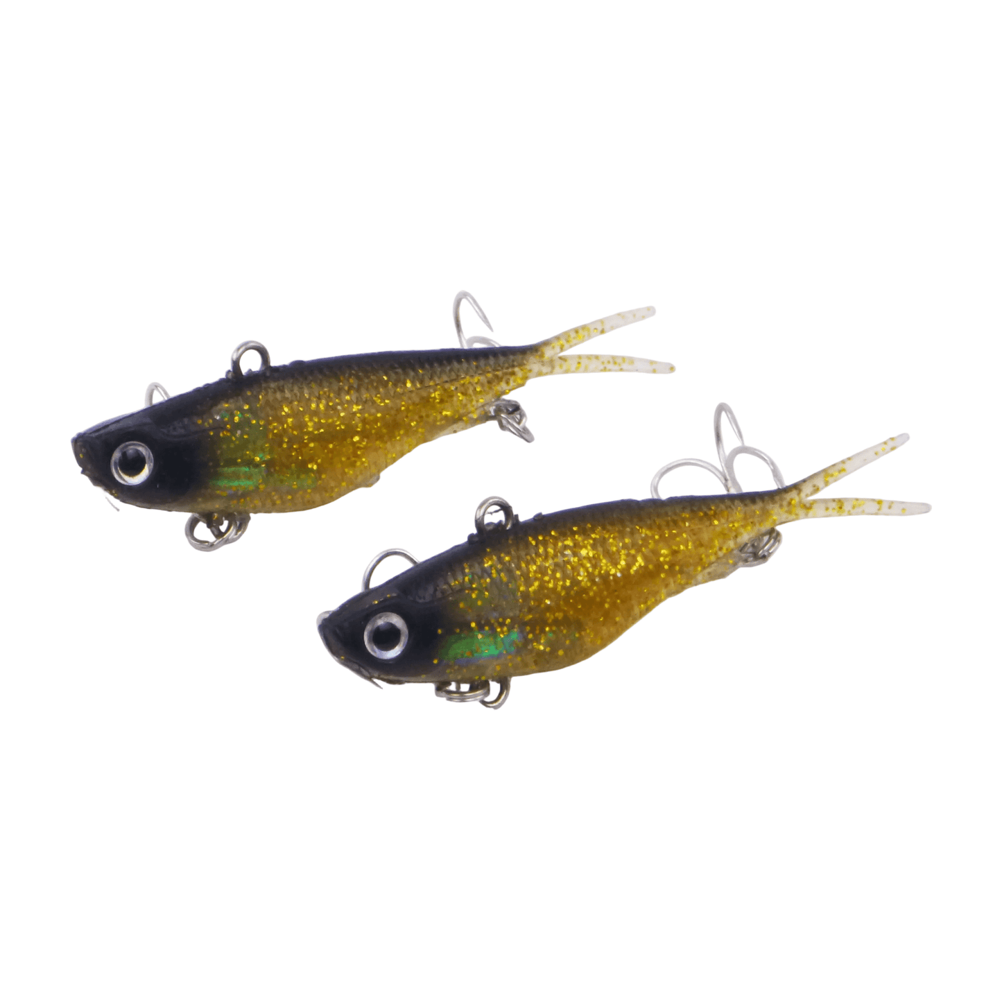 Soft plastic fishing lures, two gold glitter bodies with treble hooks and tail fins