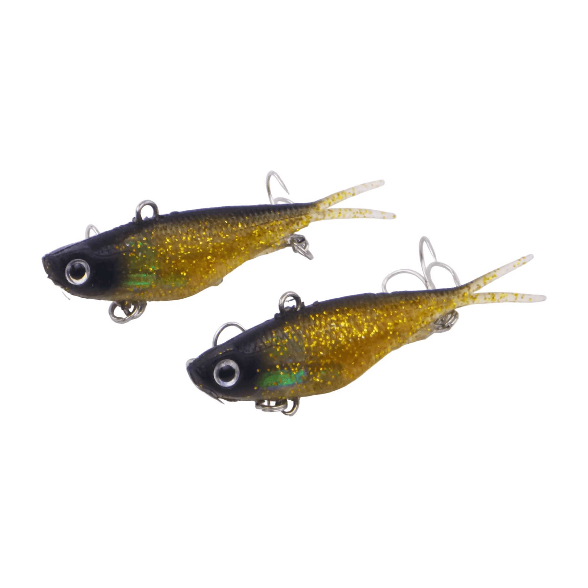 Soft plastic fishing lures, two gold glitter bodies with treble hooks and tail fins