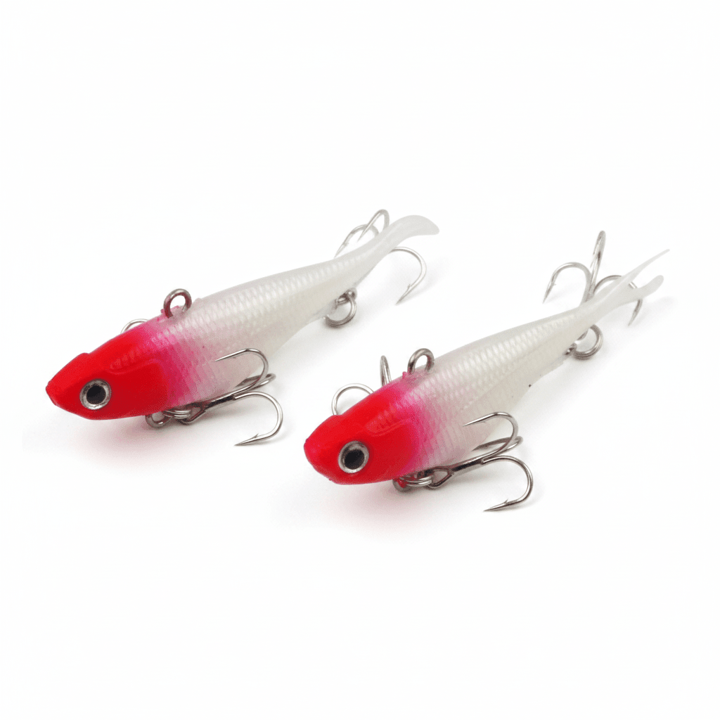 Two soft fishing lures, red head and white body, with treble hooks