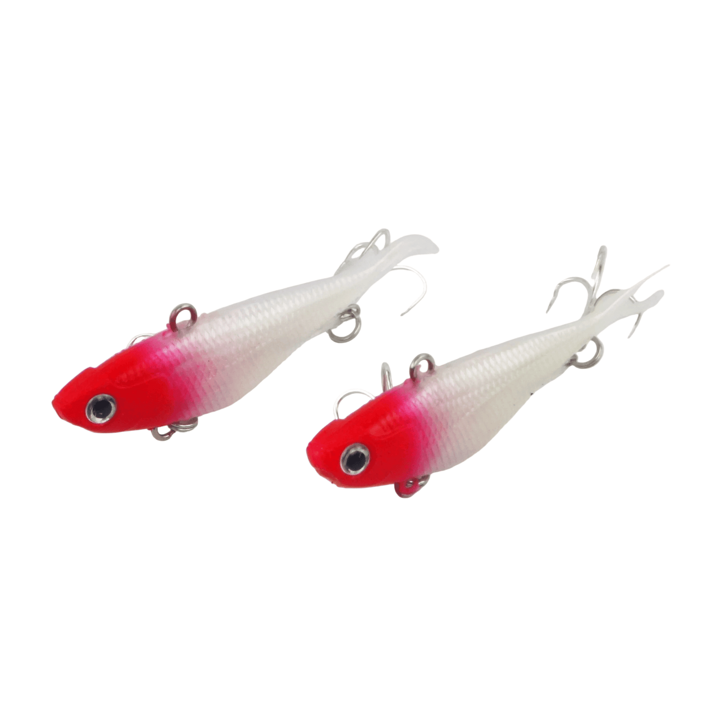 Two soft plastic fishing lures with red heads, white bodies, and treble hooks