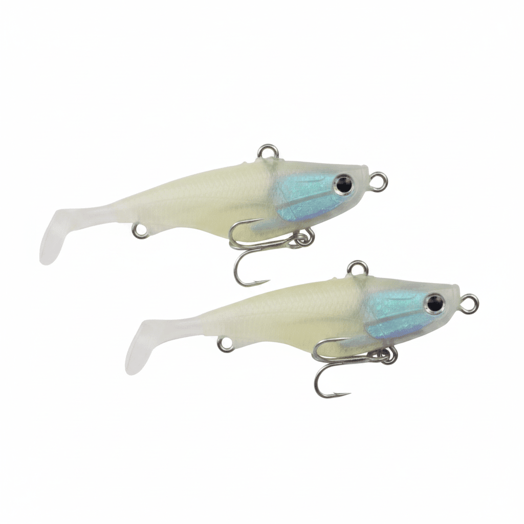 Two-pack soft plastic fishing lures with fork tail, white bodies and teal eyes