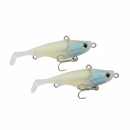 Two-pack soft plastic fishing lures with fork tail, white bodies and teal eyes