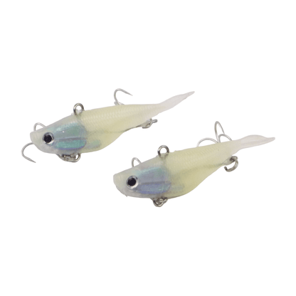 Soft plastic fork-tail fishing lures, white with teal-blue head, two-pack