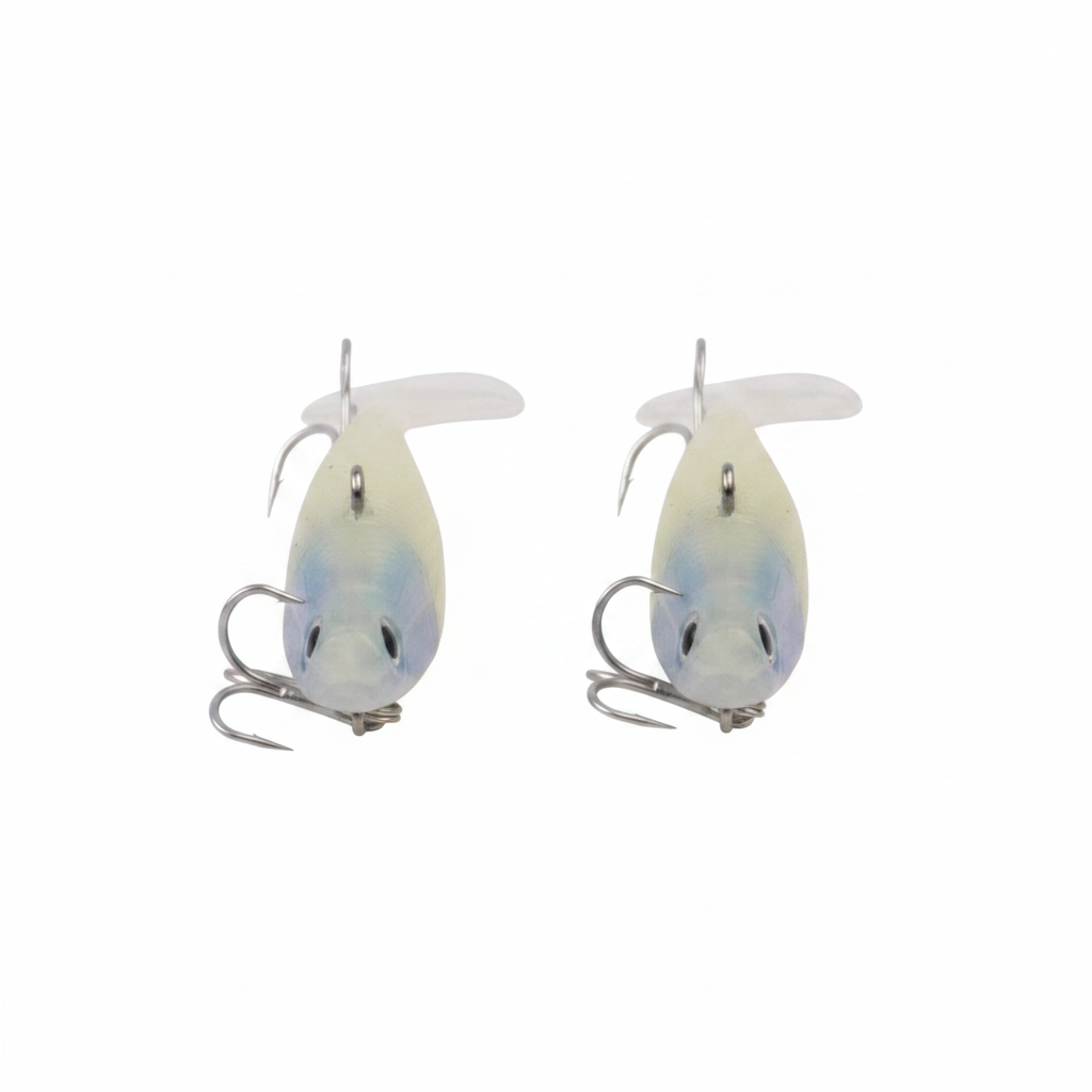 Iridescent white soft plastic fishing lures with hooks and fork tail, 2-pack