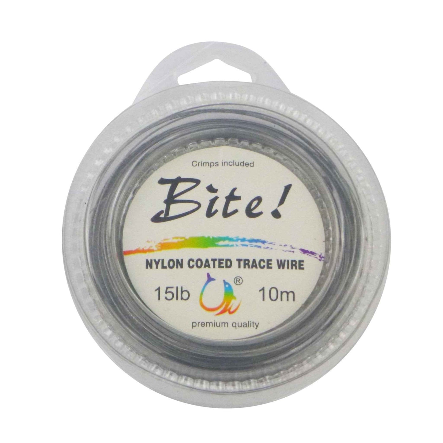 Nylon coated trace wire leader, Bite! 15lb 10m, crimp kit included on spool