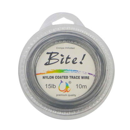Nylon coated trace wire leader, Bite! 15lb 10m, crimp kit included on spool