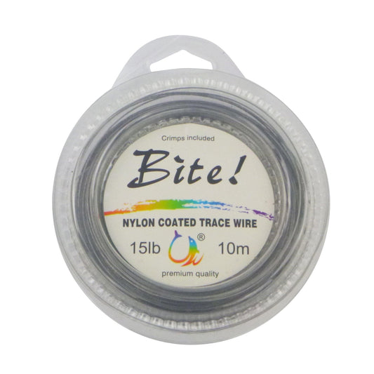Nylon coated trace wire leader, Bite! 15lb 10m, crimp kit included on spool
