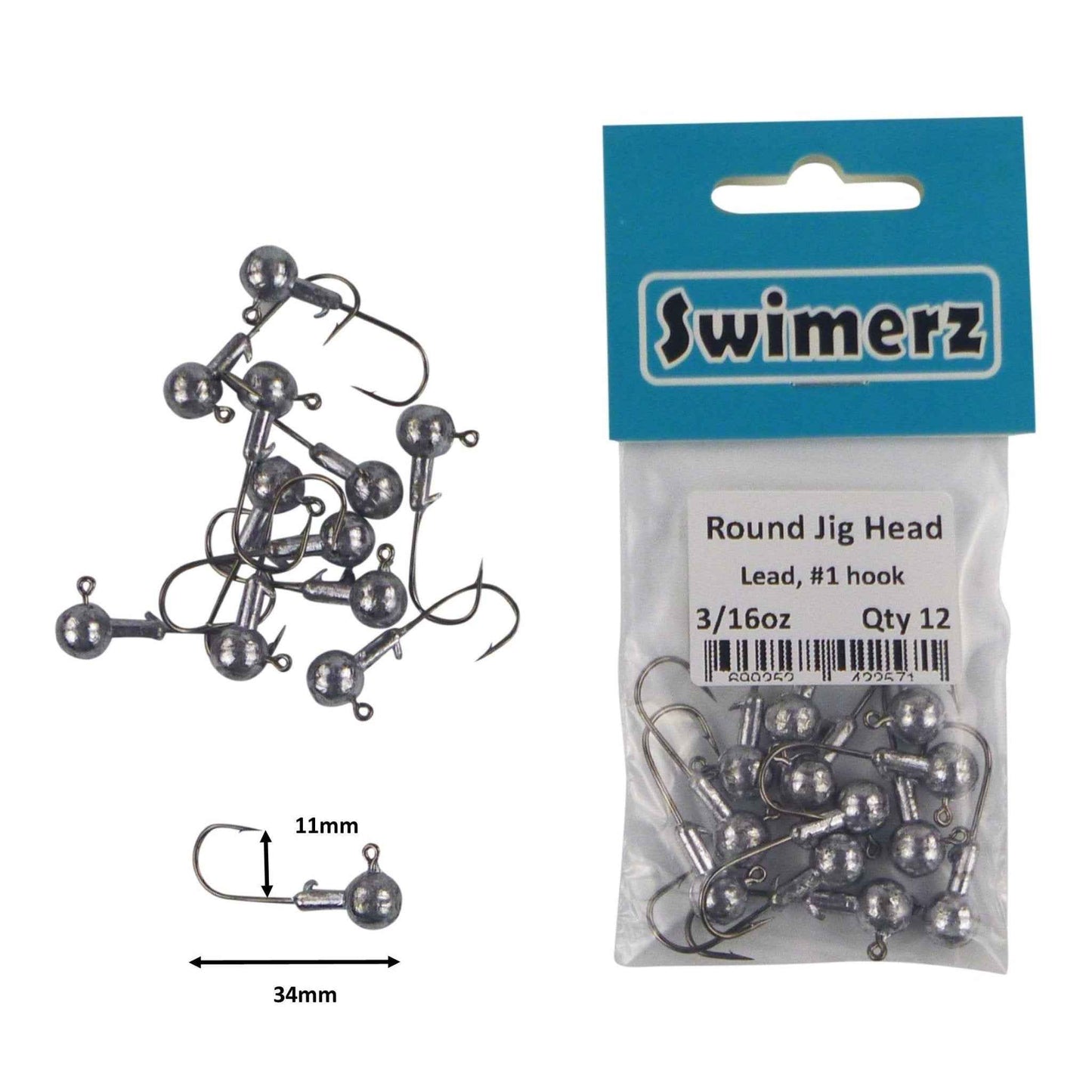 Swimerz Round Jig Head – 3/16oz #1 Hook – 12 Pack | Soft Plastic Jig Heads