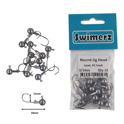 Swimerz Round Jig Head – 3/16oz #1 Hook – 12 Pack | Soft Plastic Jig Heads