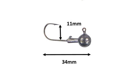 Round jig head with hook, 11mm high by 34mm long, 3/16oz lead
