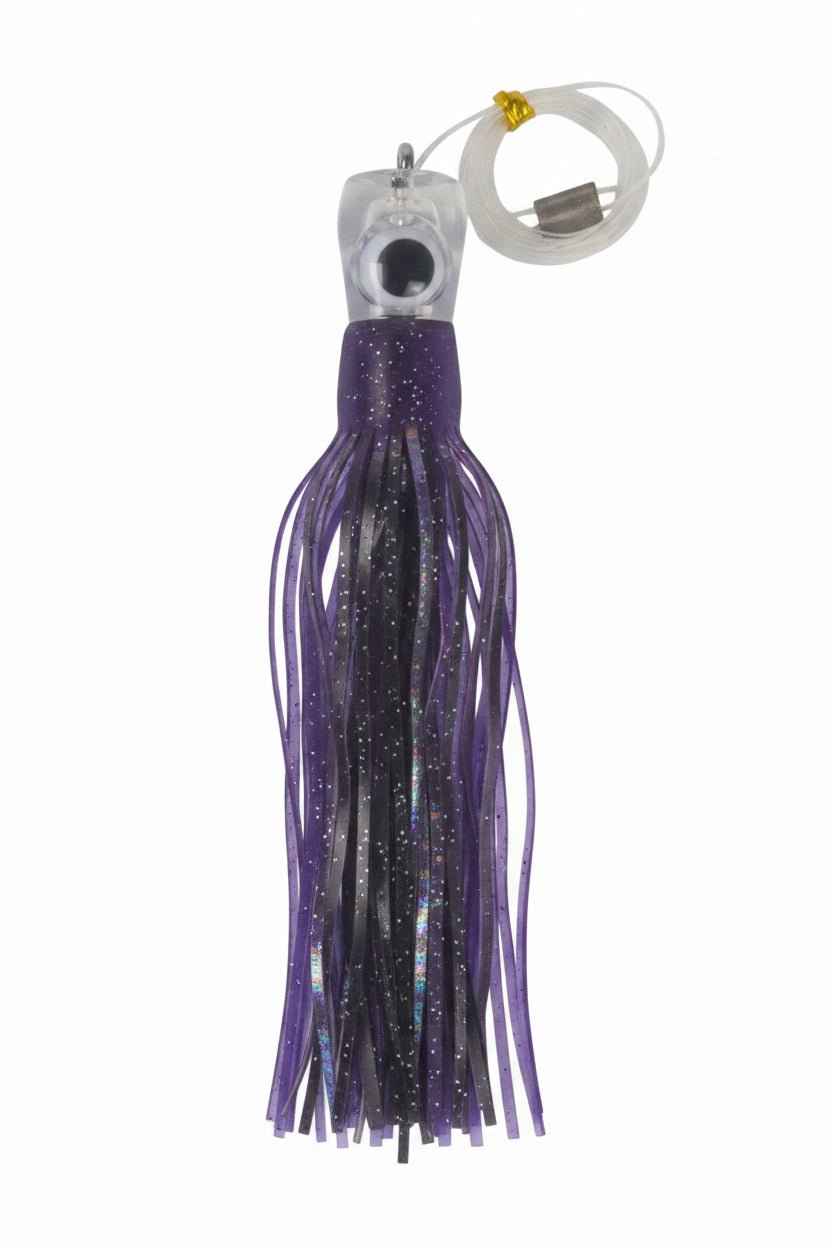 Fishing lure with purple glitter skirt, clear head, and metal hook ring
