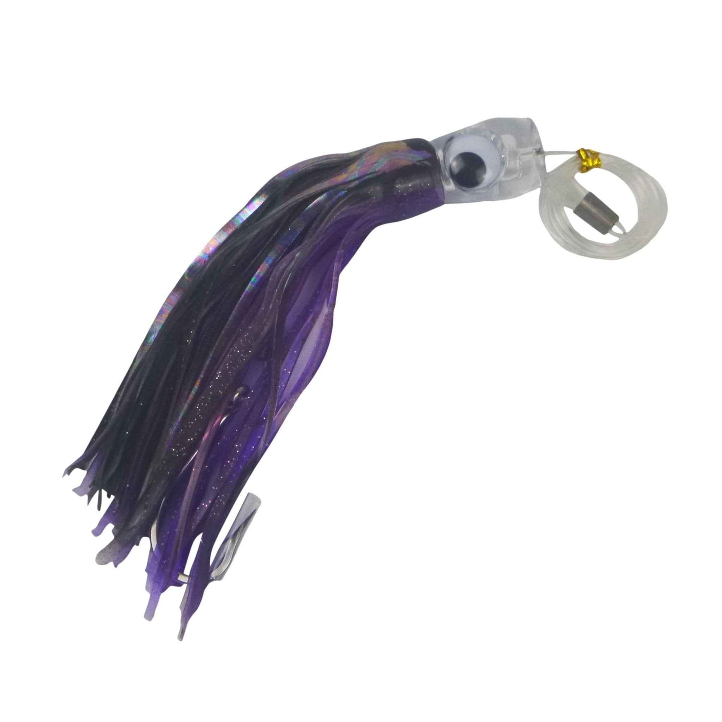 Fishing lure with purple-and-black skirt, clear head, and metal hook ring