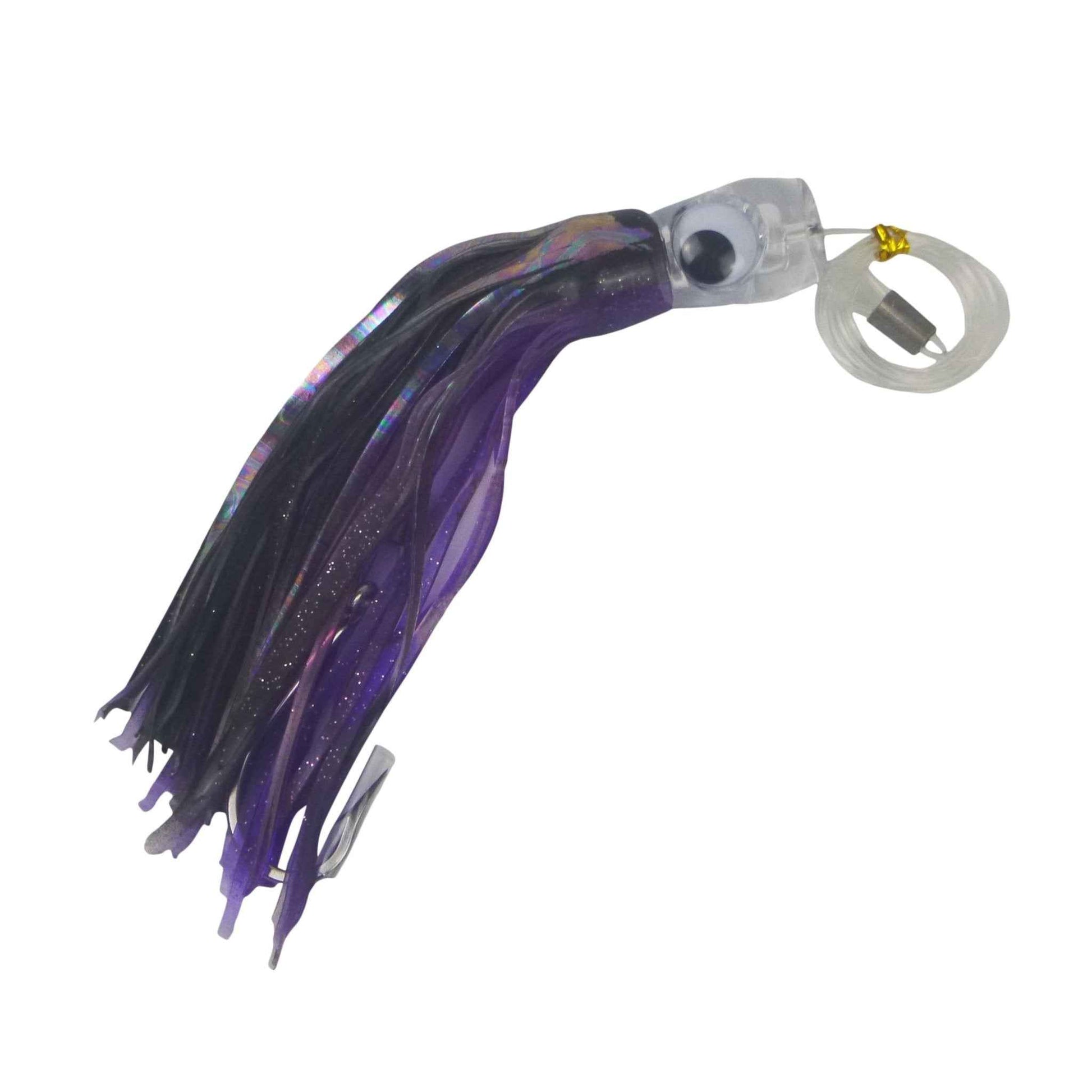 Fishing lure with purple-and-black skirt, clear head, and metal hook ring