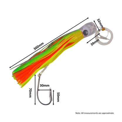 Fishing lure with multicolor skirt, clear head, and metal hook ring