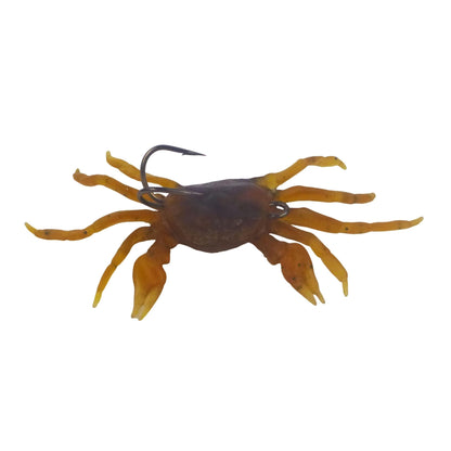 Soft crab fishing lure with dark body and orange legs, single hook and eyelet