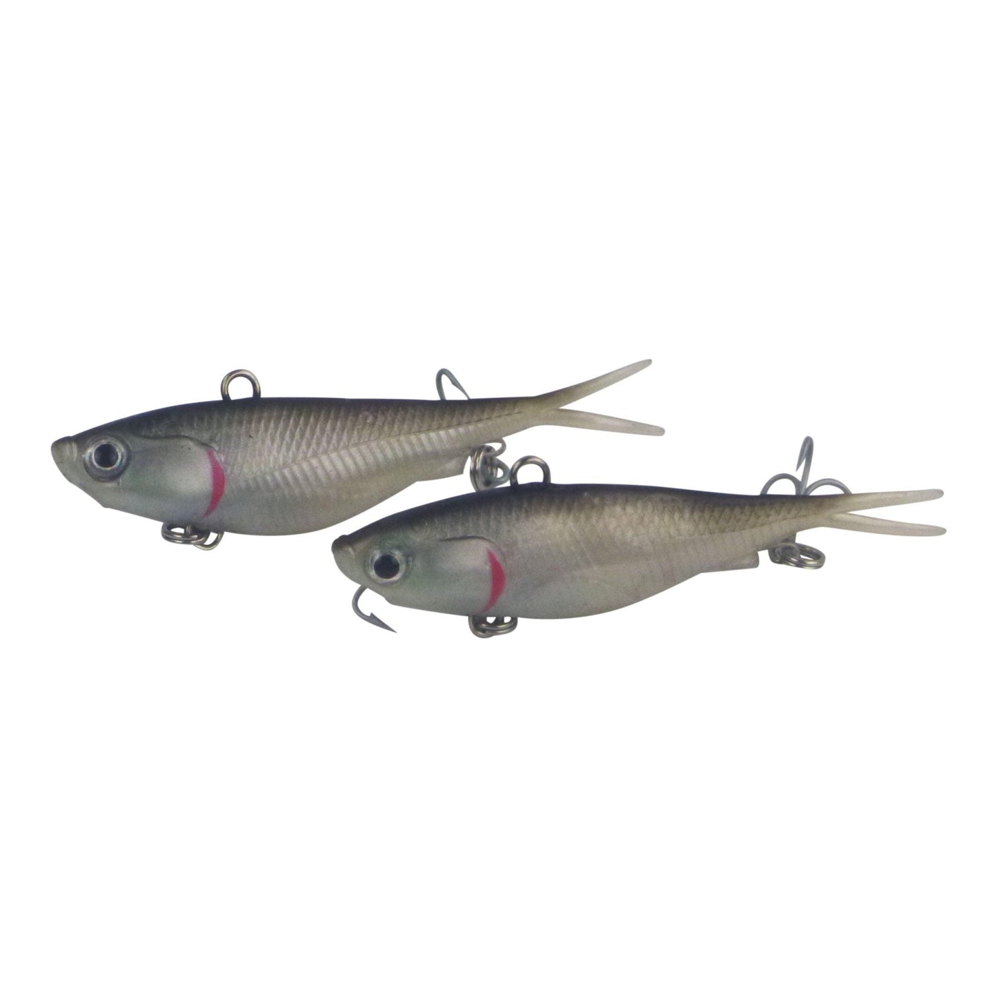 Pair of silver baitfish fishing lures with pink stripe, 3D eyes, treble hooks