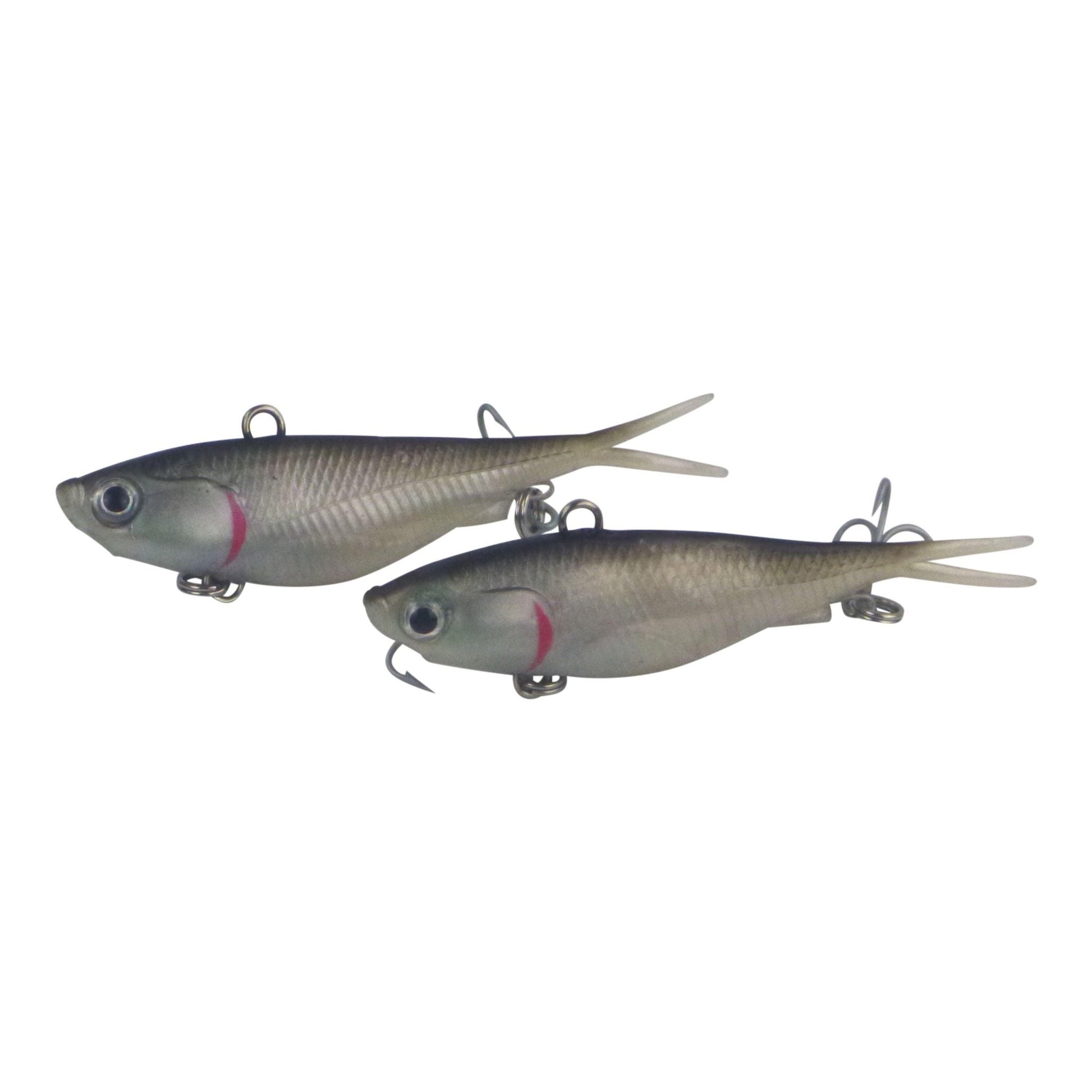 Pair of silver baitfish fishing lures with pink stripe, 3D eyes, treble hooks