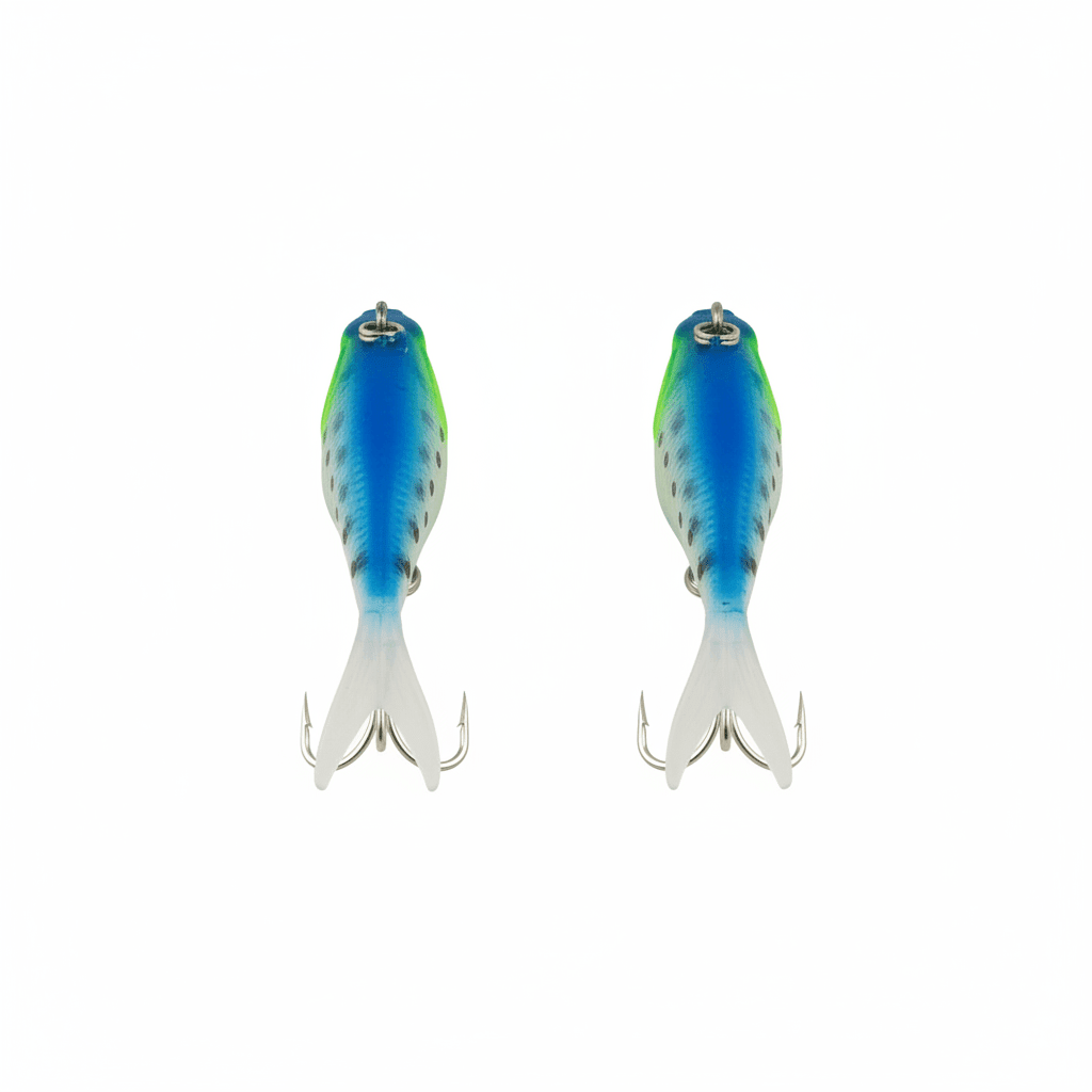 Blue-green fishing lure pair, front view with top eyelet and bottom treble hooks