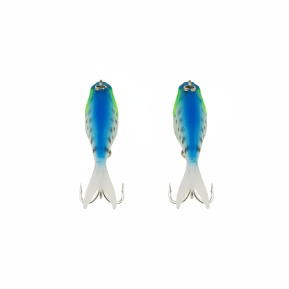 Blue-green fishing lure pair, front view with top eyelet and bottom treble hooks