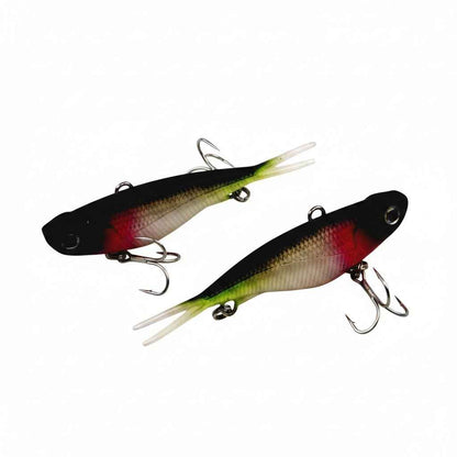 Two fishing lures with black-red bodies, green tails, and silver treble hooks