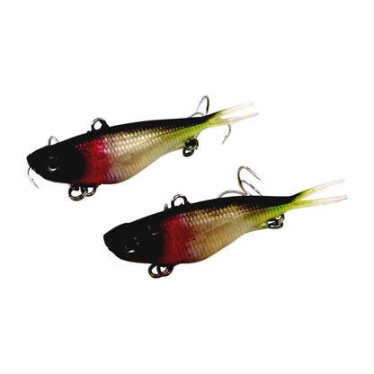 Two soft fishing lures: black, red, and green with treble hooks