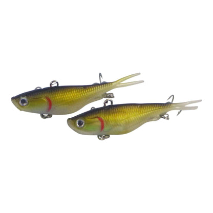 Pair of yellow-green topwater fishing lures with red gill stripe and treble hooks