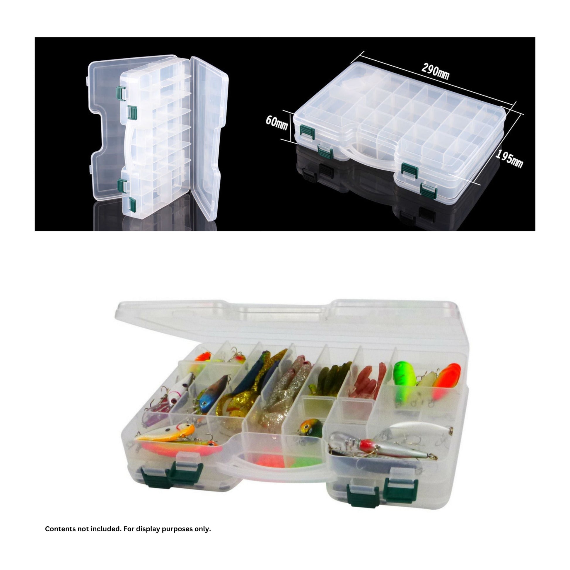 Double-sided tackle box with transparent lid and compartments; open view with green latches