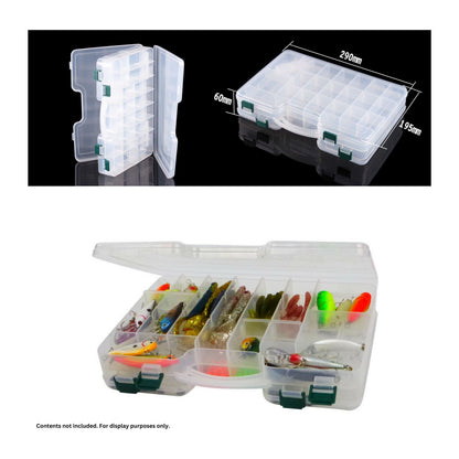 Double-sided tackle box with transparent lid and compartments; open view with green latches