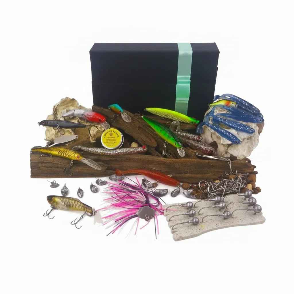 Assorted fishing lures gift pack with multiple crank, spinner, and soft-bait styles in box