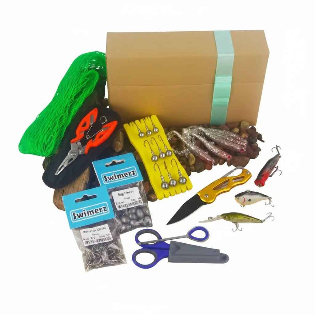 Fishing tackle gift set with lures, net, scissors and packaged hooks in a box