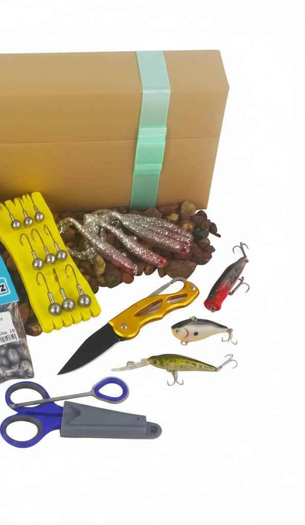 Fishing tackle gift set: box with lures, scissors and hook accessories