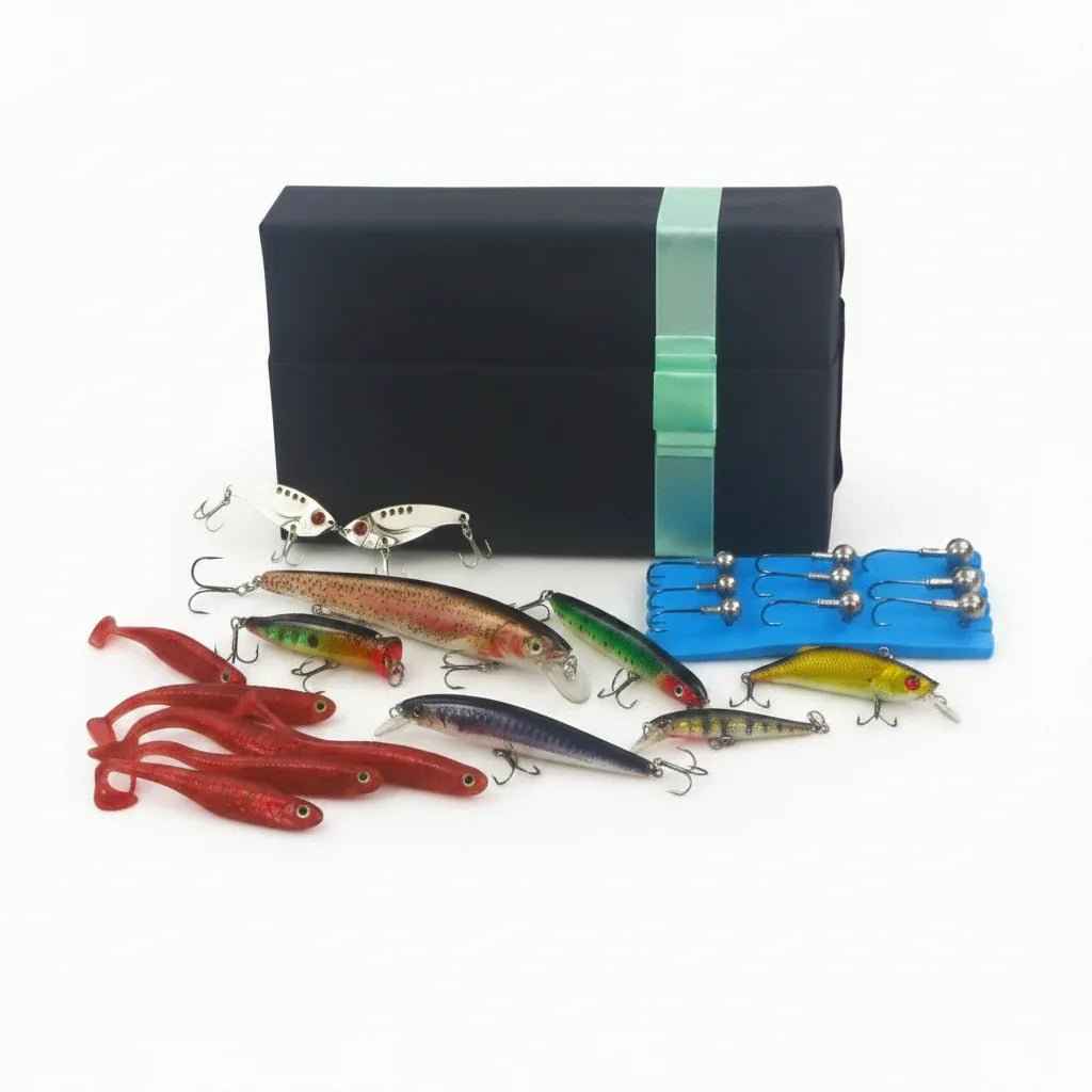 Fishing lure gift set with assorted multi-color crankbaits and soft lures in box