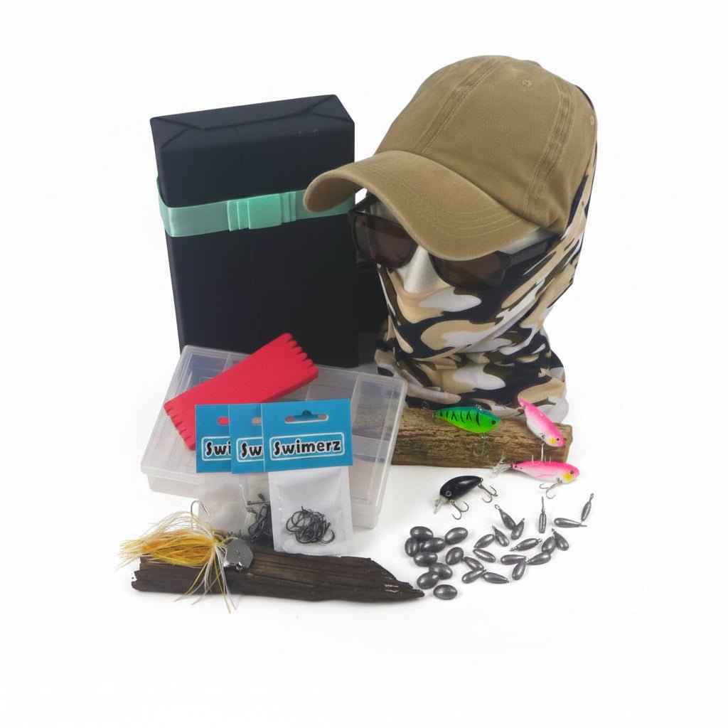 Fishing tackle gift box with lures, hooks, sinkers, and storage containers
