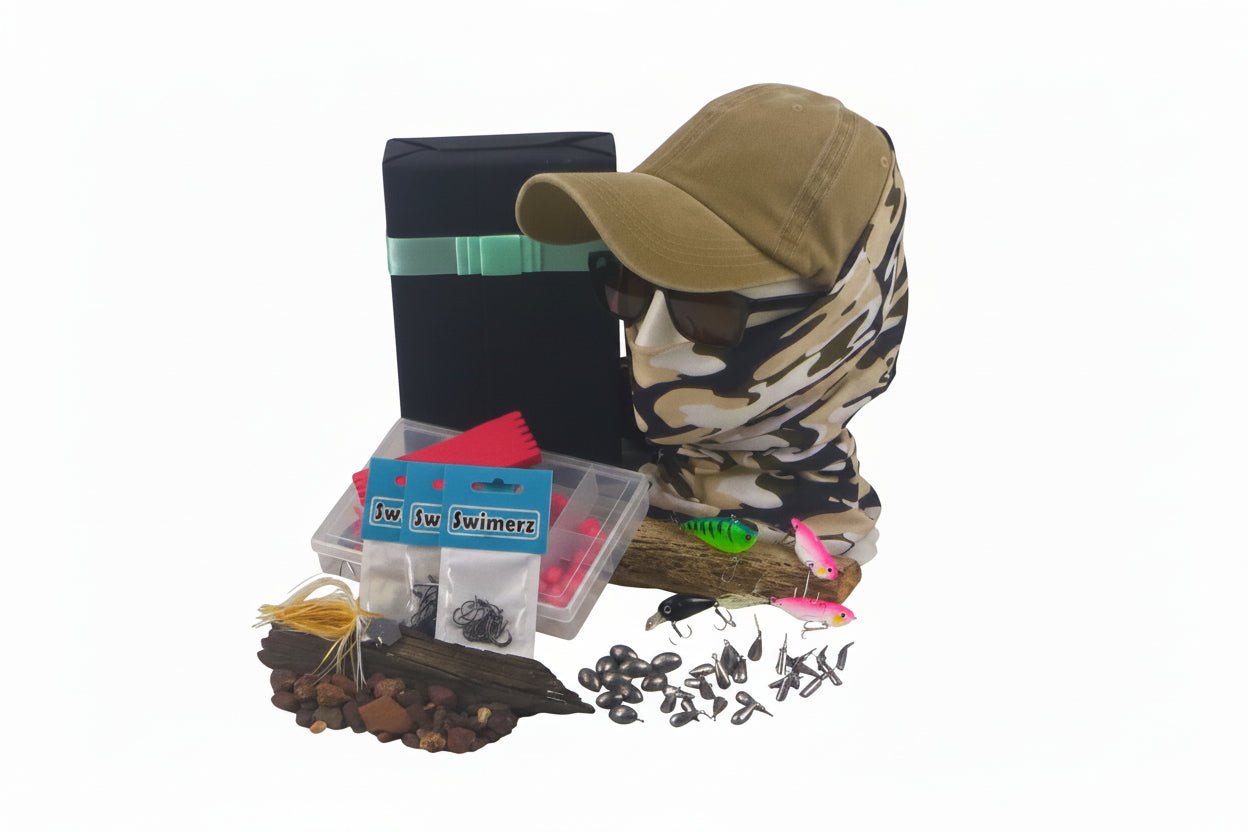 Fishing tackle gift box with assorted lures, hooks, and bait accessories in tray