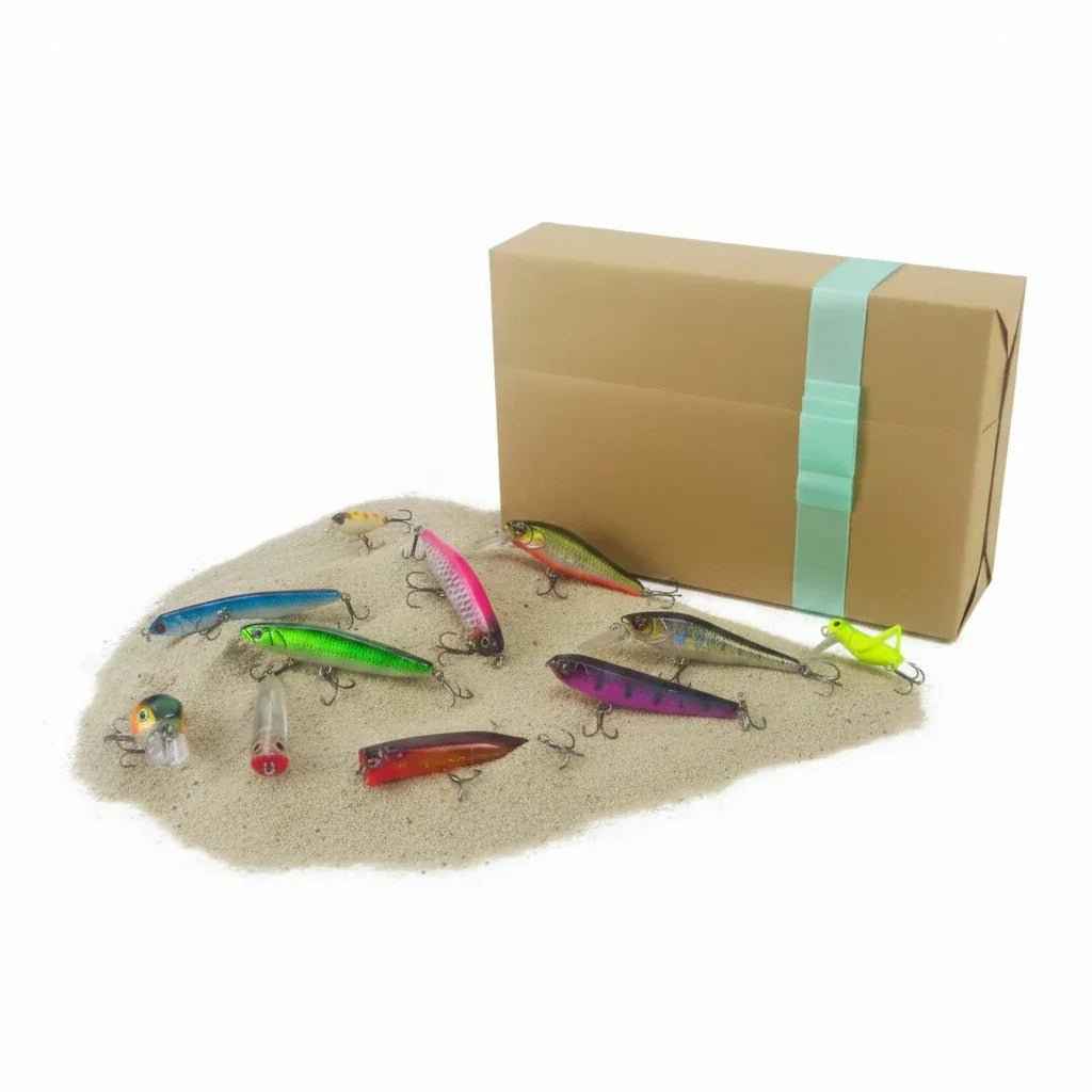 Fishing lure set with brown shipping box and turquoise ribbon, nine multi-color topwater lures