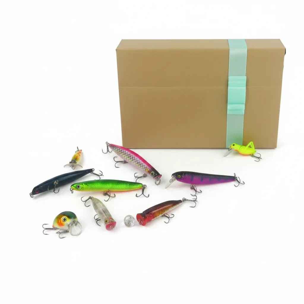 Surface fishing lure set in brown box with assorted colorful crankbaits, 9 pieces