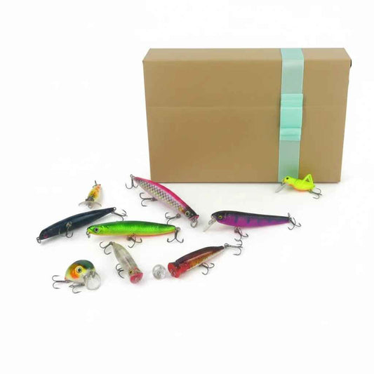 Surface fishing lure set in brown box with assorted colorful crankbaits, 9 pieces