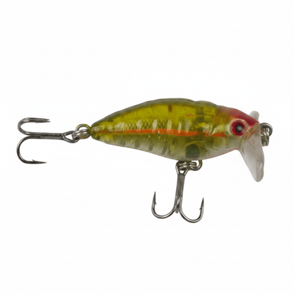 Topwater fishing lure with olive-green body, red stripe, and front and rear treble hooks
