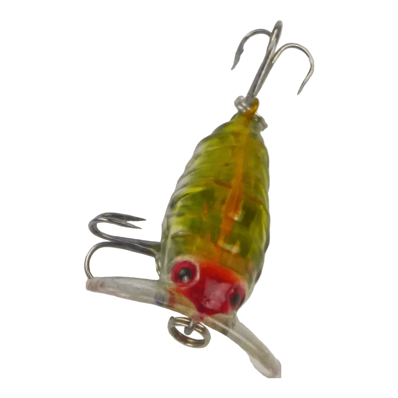 Topwater fishing lure with green-yellow body, red head, and two treble hooks