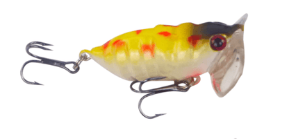 Yellow topwater lure with red patches, jointed body, and two treble hook sets