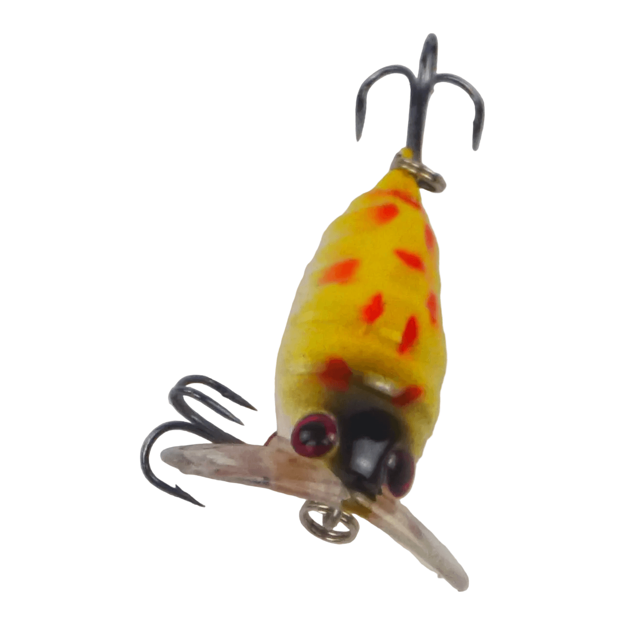 Yellow topwater fishing lure with red spots, treble hooks and forked tail