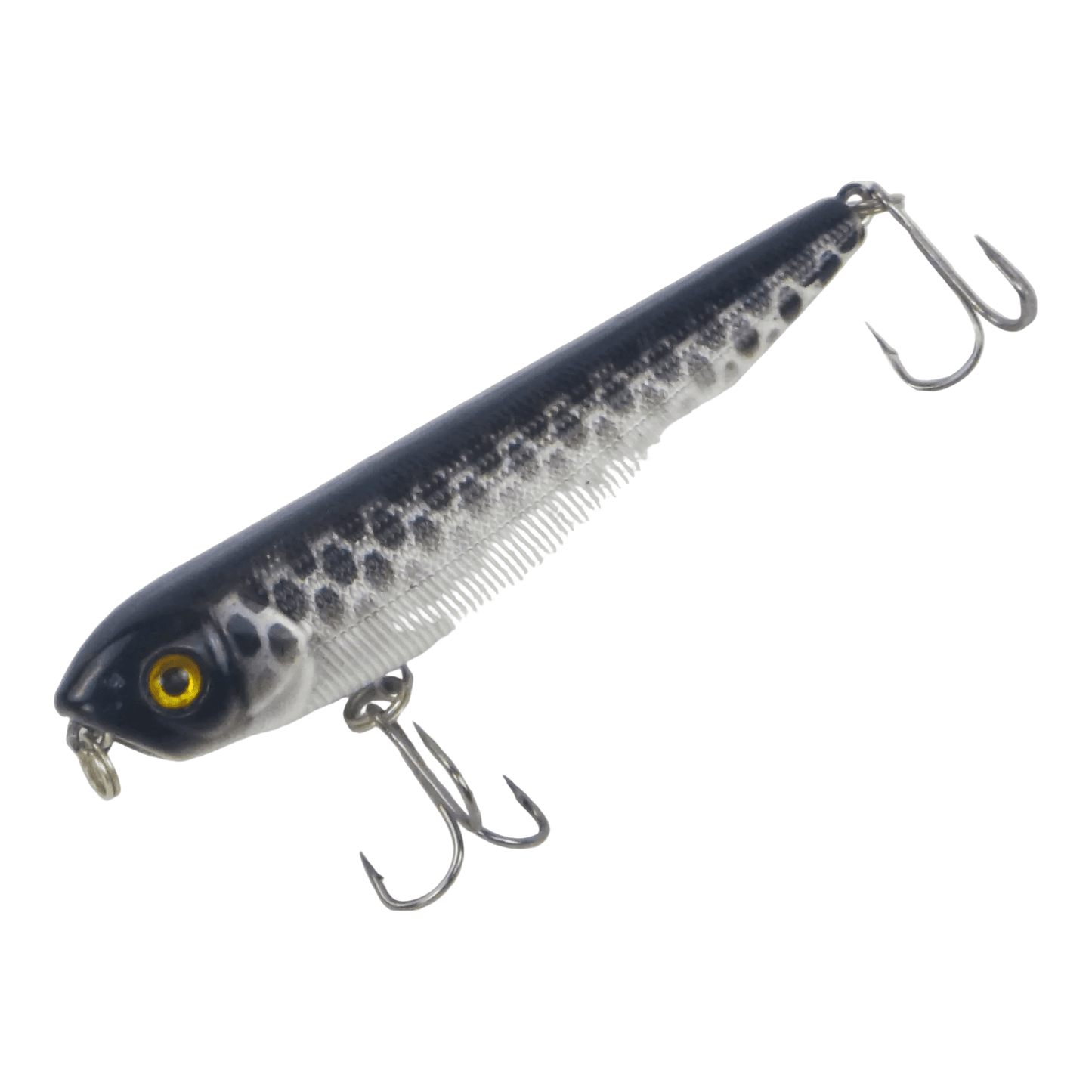 Walking dog surface lure, dark blue-gray with speckled pattern and two treble hooks