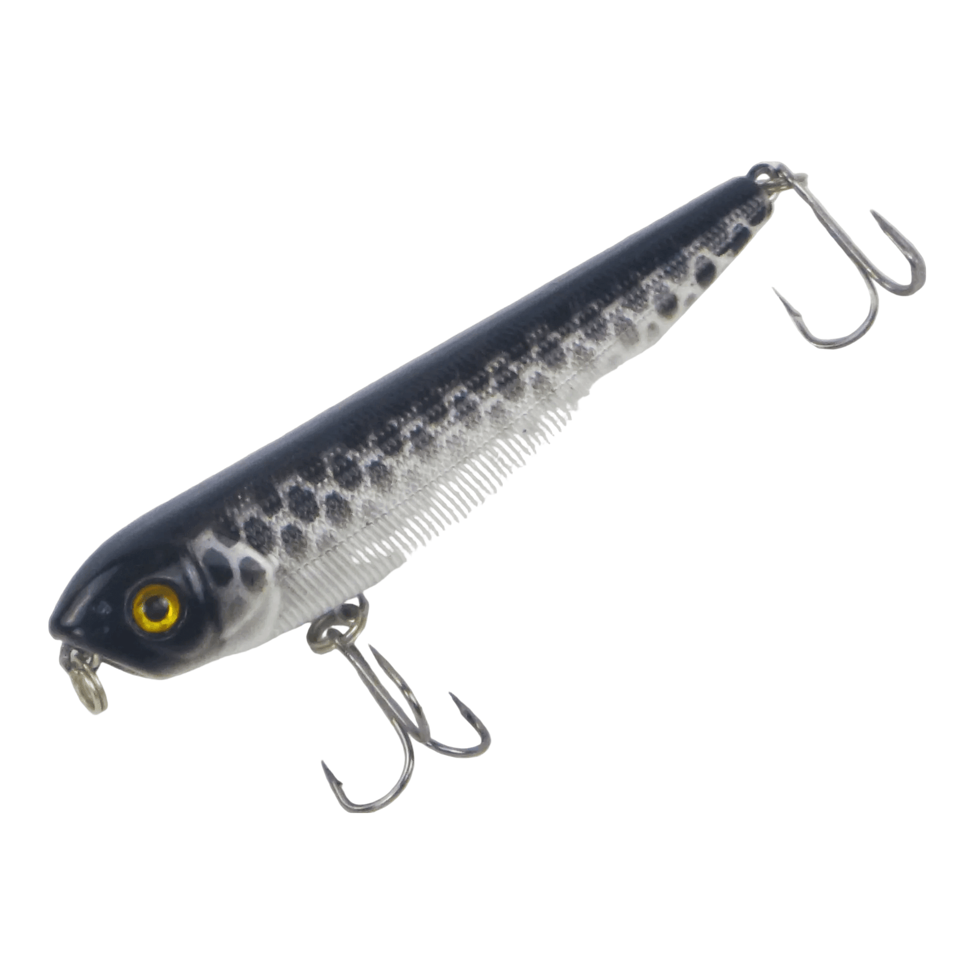 Walking dog surface lure, dark blue-gray with speckled pattern and two treble hooks