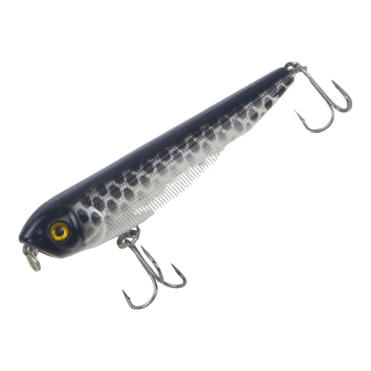 Walking dog surface lure, dark blue-gray with speckled pattern and two treble hooks
