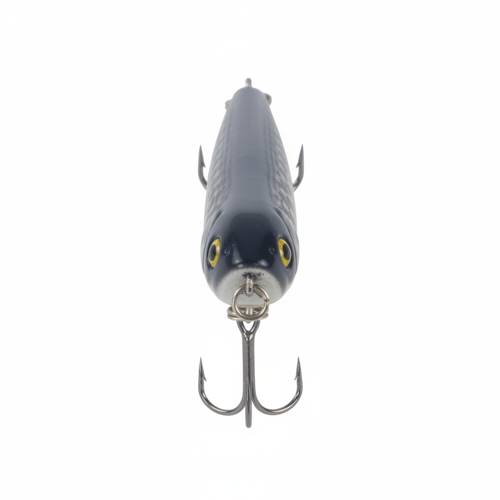 Walking dog surface lure, gray top and dark belly with two treble hooks and front ring