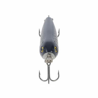 Walking dog surface lure, gray top and dark belly with two treble hooks and front ring